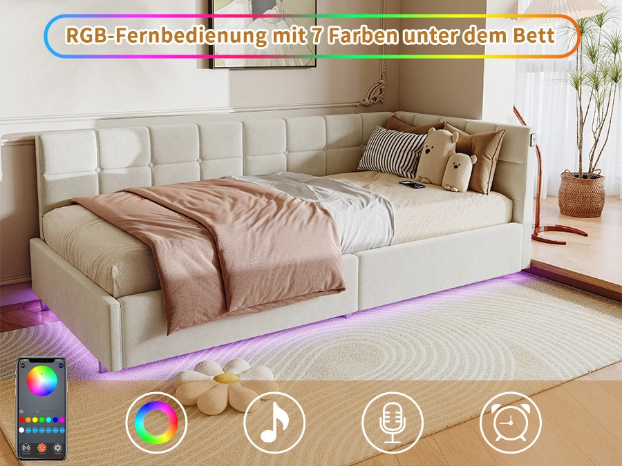 Divano letto singolo 90x200 con luce LED;Letto singolo Angolare con contenitore idraulico;letto imbottito con testiera;letto con rete a doghe;Velluto