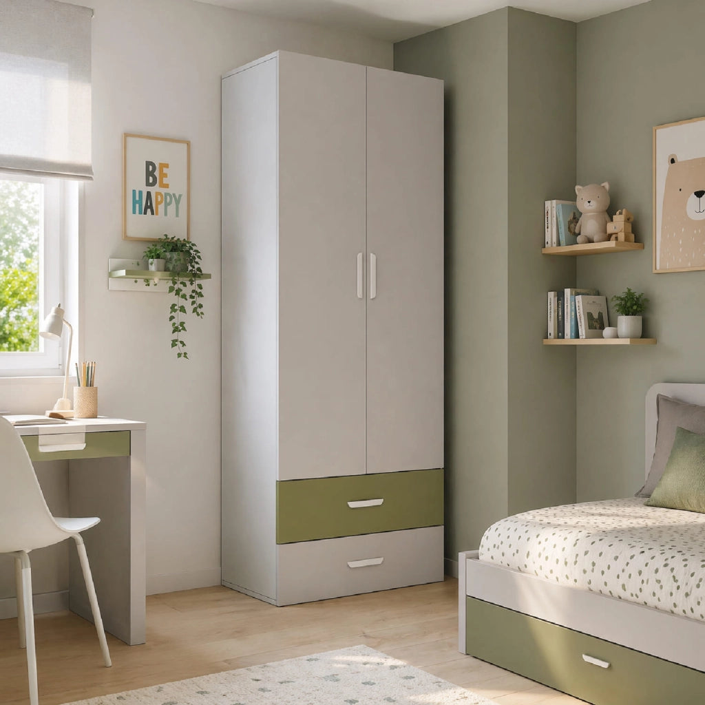 Cameretta Completa Salvaspazio Con Scrivania Armadio Cassettiera Letto A Scomparsa Per Camera Bambini Ragazzi Stanza Ospiti 133 X 208.5 X 45-216 Cm Cashmere E Verde