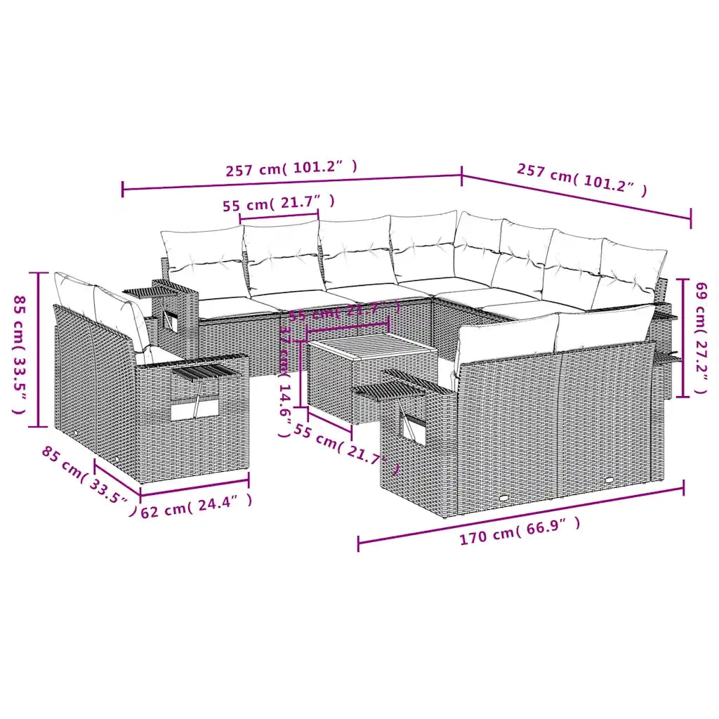 Set Divani da Giardino 12 pz con Cuscini Grigio in Polyrattan 3224829