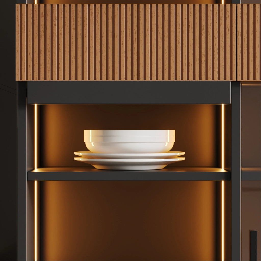 Vetrina 120 x 28,5 x 180 cm con ante scorrevoli in vetro temperato grigio, LED integrato, 3 cassetti e ripiano ribaltabile