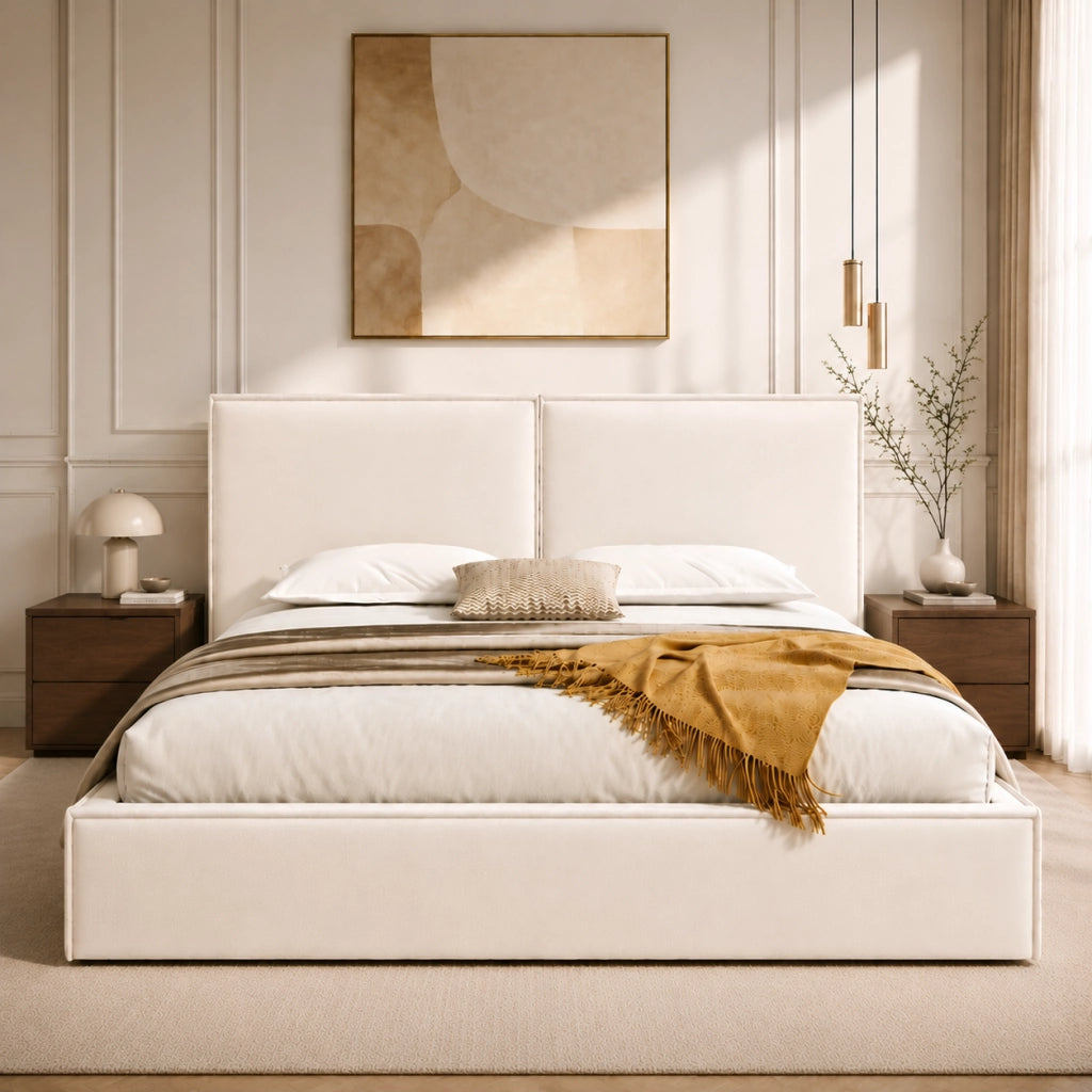 Letto matrimoniale contenitore 180 x 200 cm in lino beige, imbottito idraulico con rete a doghe, contenitore di contenitore spazioso