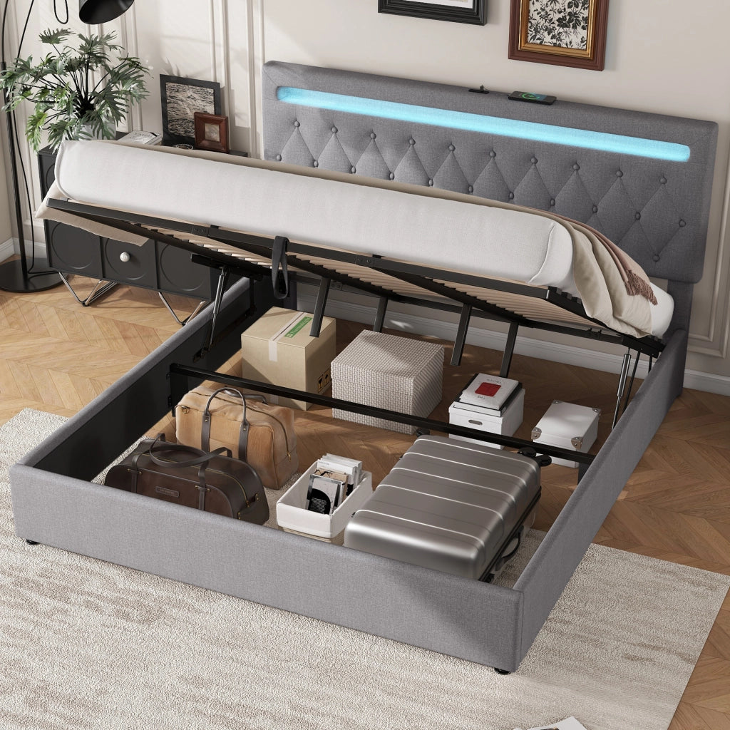 Letto imbottito 180x200 cm con contenitore, LED e porte USB
