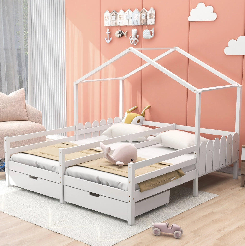 Letto a casetta doppio 200x90 cm bianco con 2 cassetti MDF