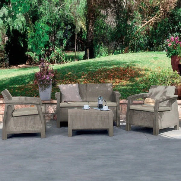 Salotto da Giardino Keter Corfu 4 Pezzi in Resina Effetto Rattan Sabbia