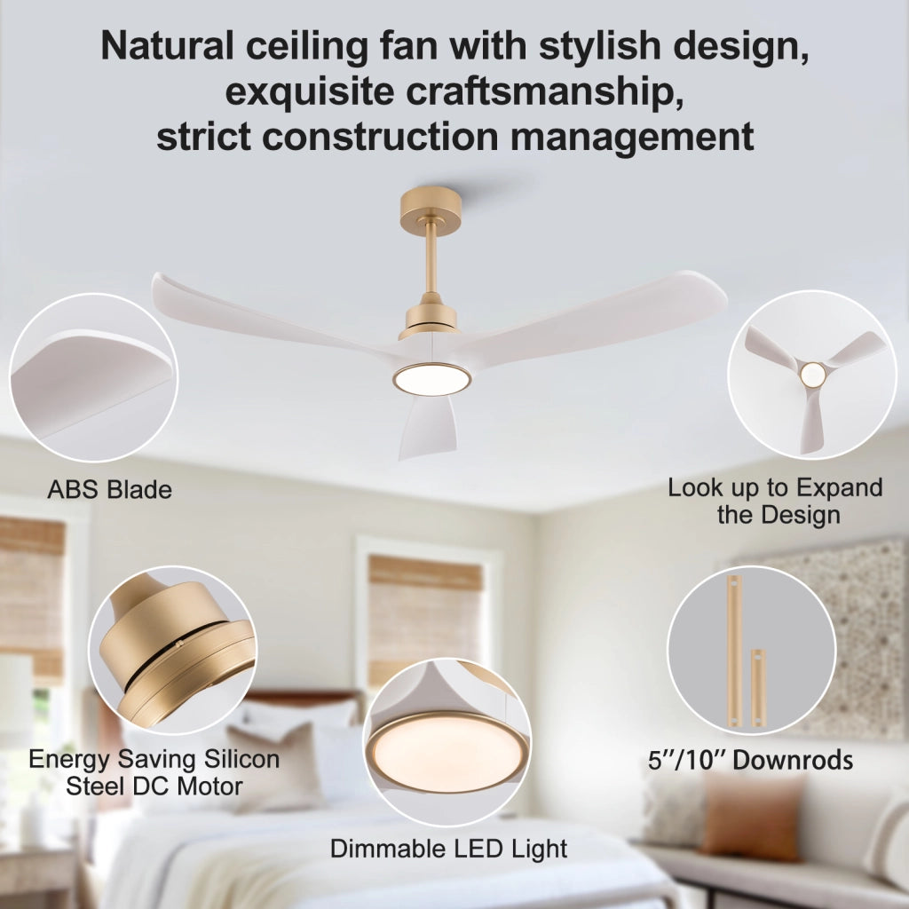 Ventilatore da soffitto con luce da 52 pollici bianco e oro con 3 pale ABS; motore DC reversibile e telecomando
