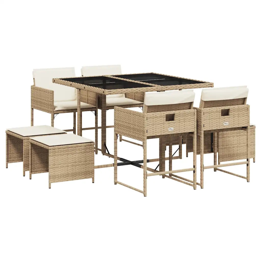 Set da Pranzo da Giardino 9 pz | Set Salotto da Giardino con Cuscini Beige in Polyrattan