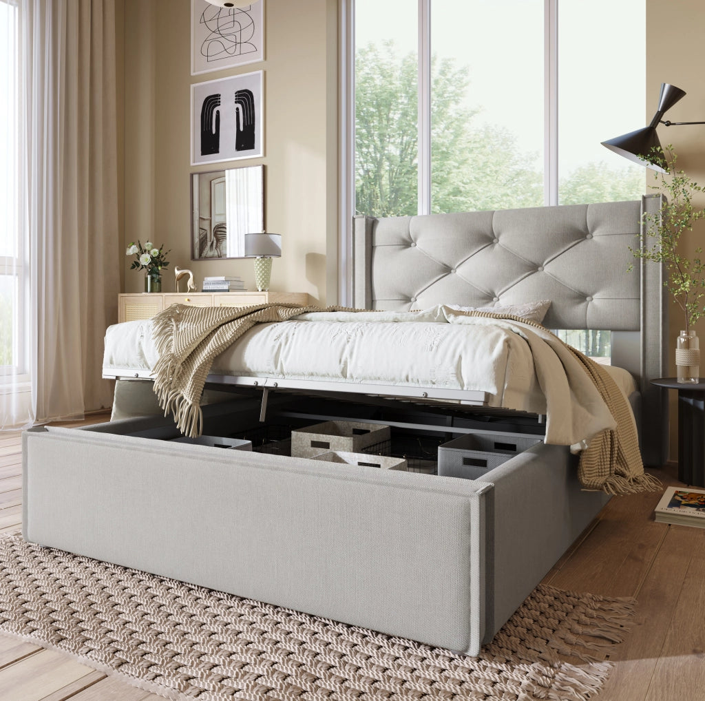 Letto singolo imbottito con contenitore sollevabile 90x200 cm; grigio chiaro in cotone