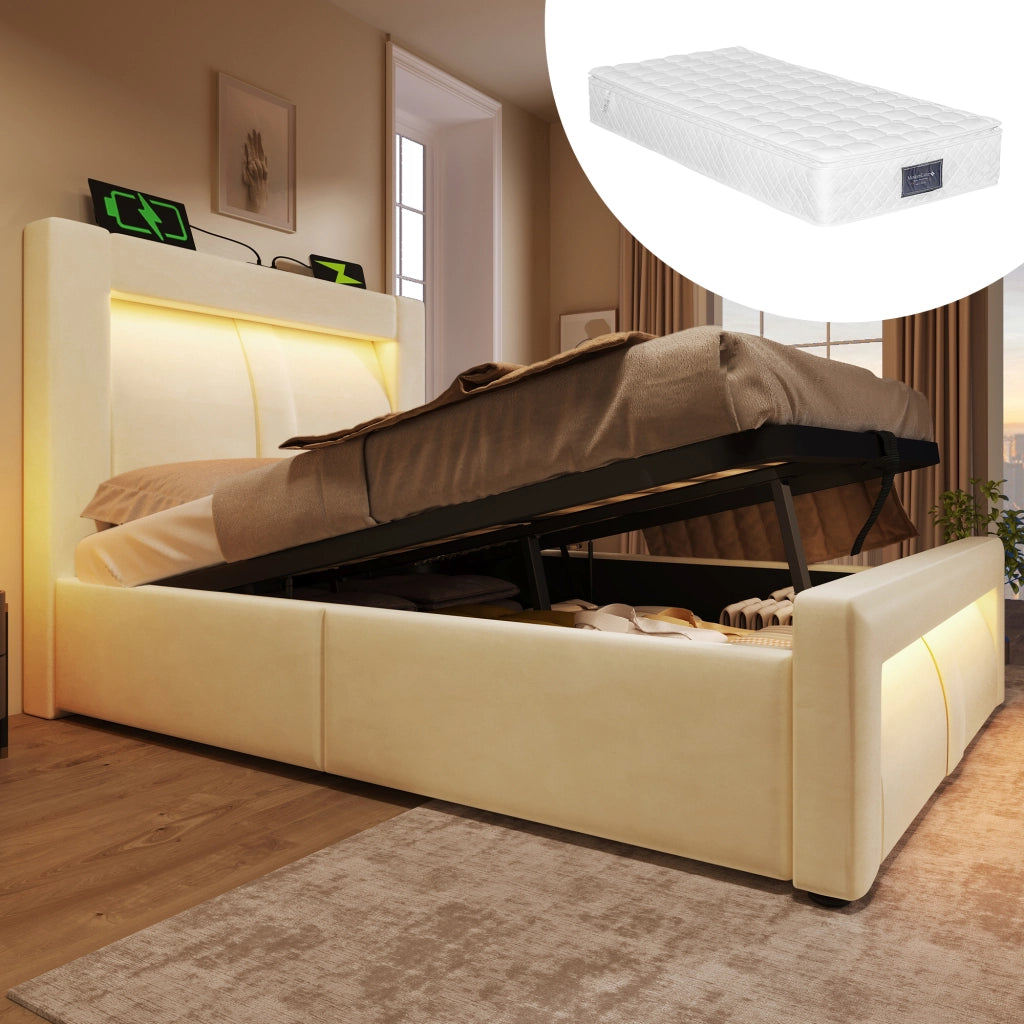 Letto singolo contenitore 90x200 cm beige con materasso