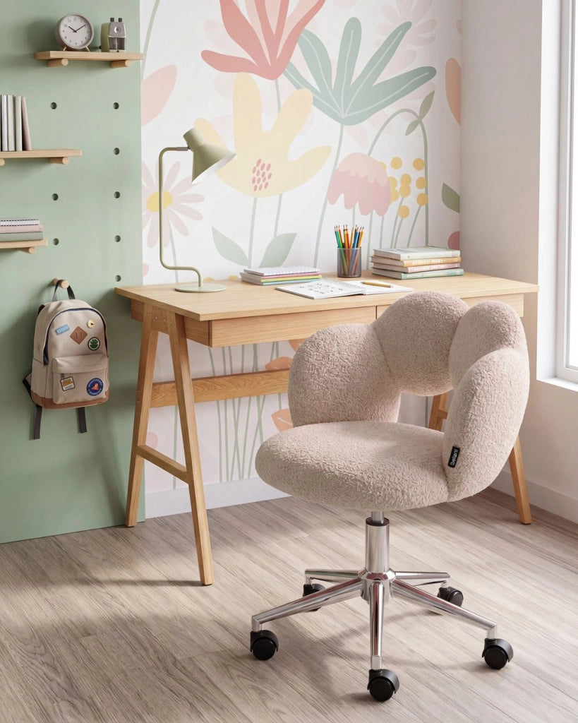 Sedia da ufficio beige in bouclé regolabile in altezza completamente girevole senza braccioli per ufficio domestico e cameretta
