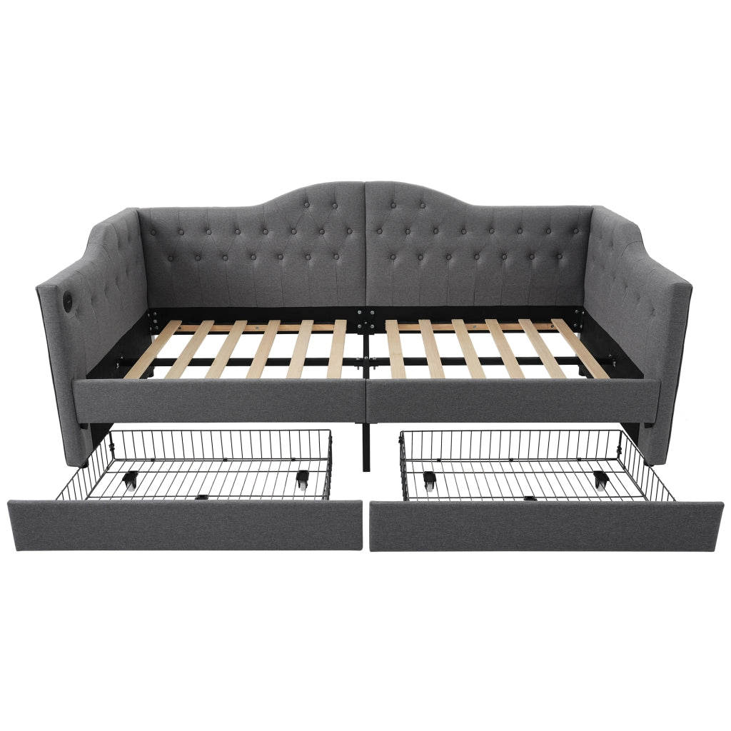 Letto singolo imbottito 90x200 cm con due cassetti; USB-C e struttura in lino grigio