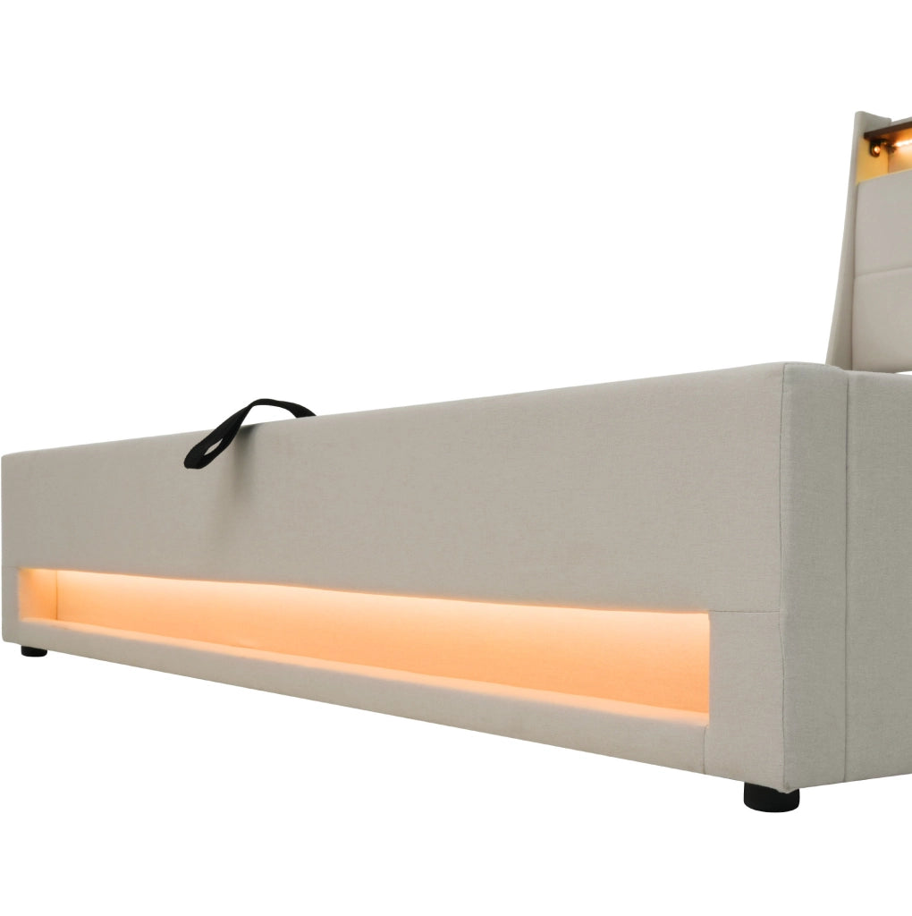 Letto imbottito 140x200 cm con LED, USB e contenitore in lino beige