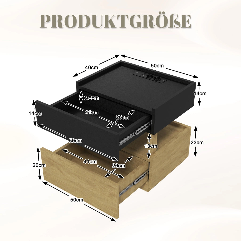 Comodino con ricarica wireless, LED e due cassetti, finitura legno e nero per camera da letto 50 × 40 × 50 cm