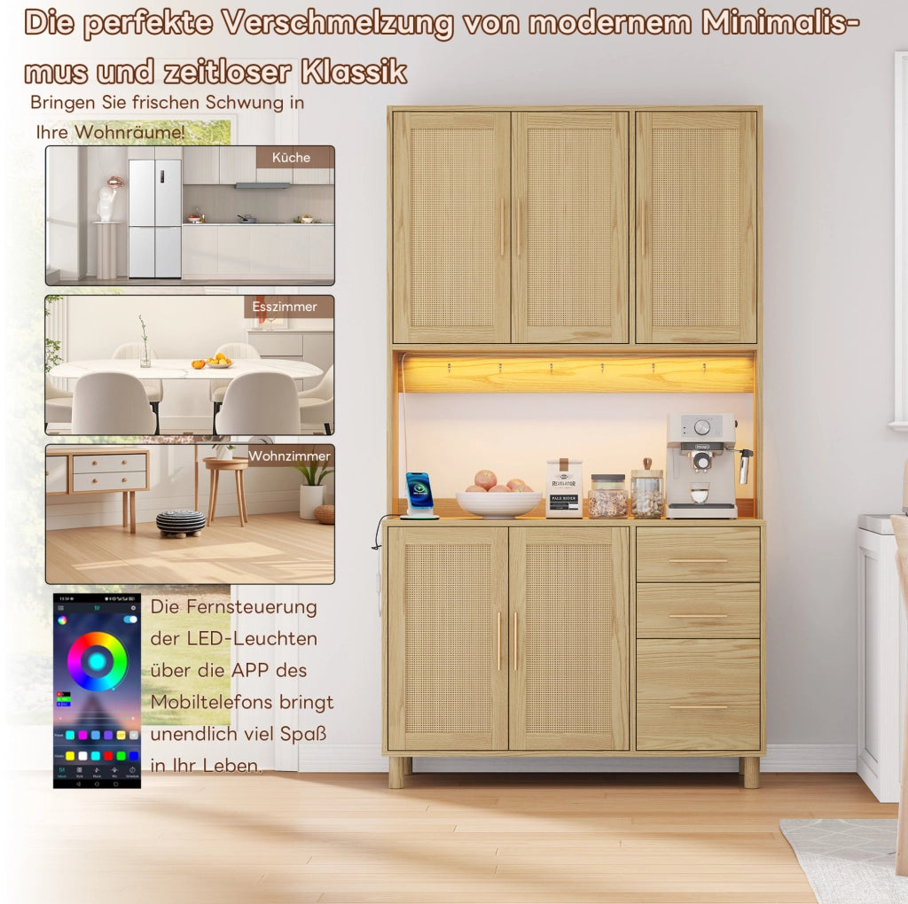 Credenza da cucina in MDF con LED multicolore; 2 prese; USB; 3 cassetti e ripiani regolabili; naturale
