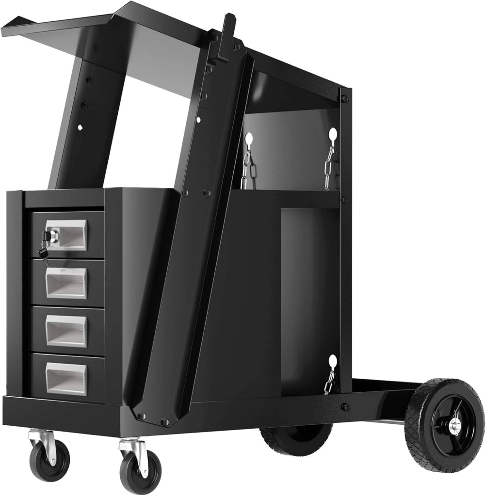 Carrello in Acciaio per Trasporto Saldatrice con Portabombola, Carrello Porta Saldatrice con 4 Cassetti, Nero