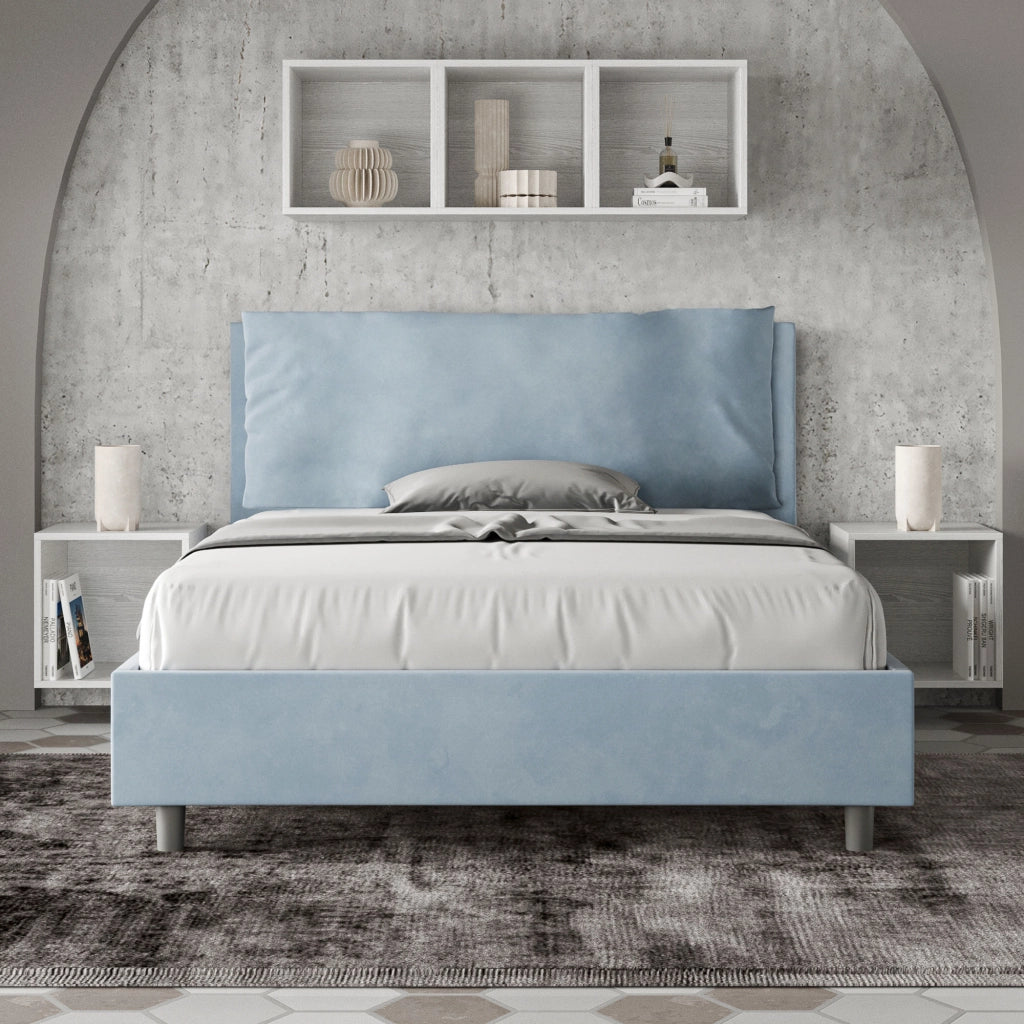 Letto Matrimoniale Francese 140x190 cm con Rete Imbottito in Microfibra Antea Large Azzurro