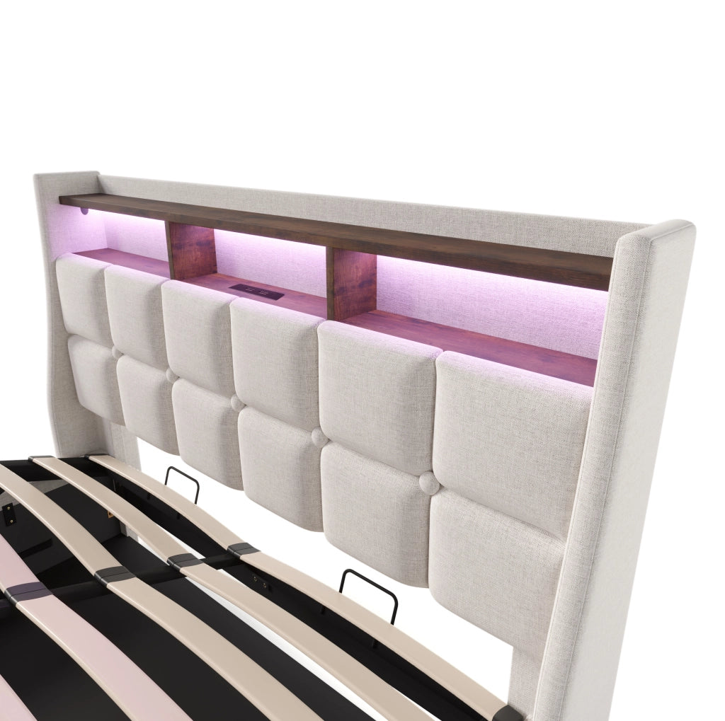 Letto imbottito 140x200 cm con LED, USB e contenitore in lino beige