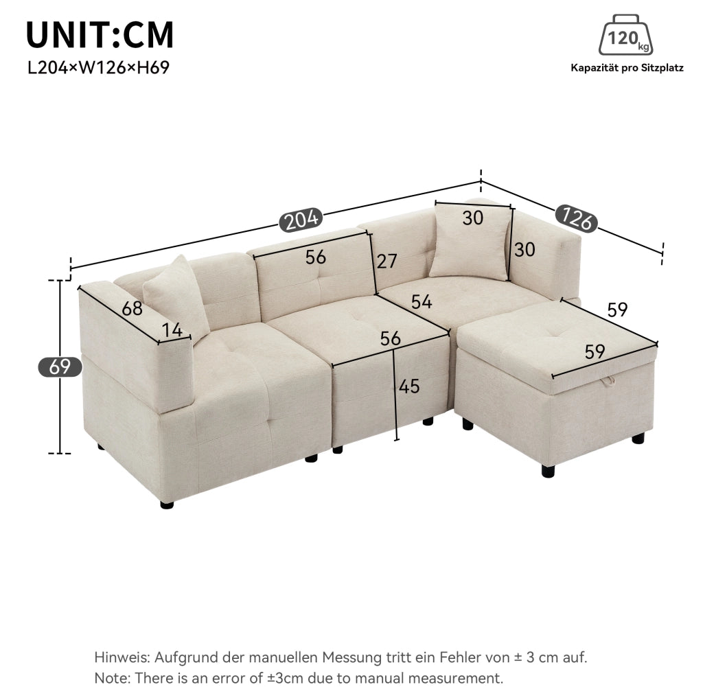 Divano modulare 3 posti in ciniglia beige con pouf contenitore e 2 cuscini HOMVRA