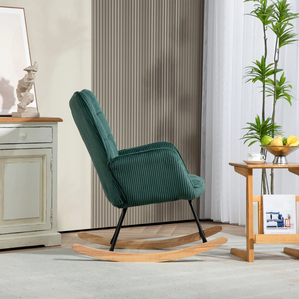 Poltrona a dondolo ¨C Minimal ¨C tessuto verde scuro, struttura in legno