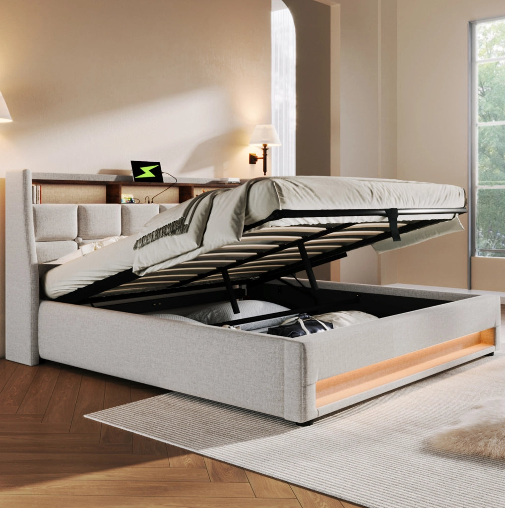 Letto imbottito 140x200 cm beige con LED, USB e contenitore