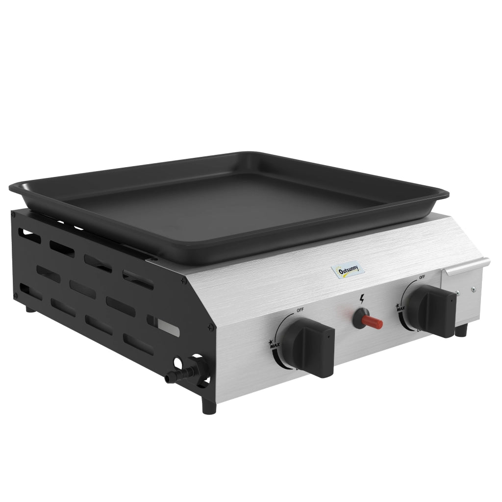 Piastra Barbecue a Gas con 2 Bruciatori Regolabili 4.8kW, Piano Antiaderente Compatto per Giardino ed Esterno, Argento