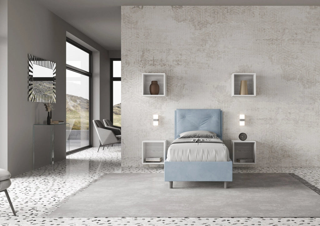 BS COM Letto singolo senza rete imbottito 90x210 microfibra azzurro