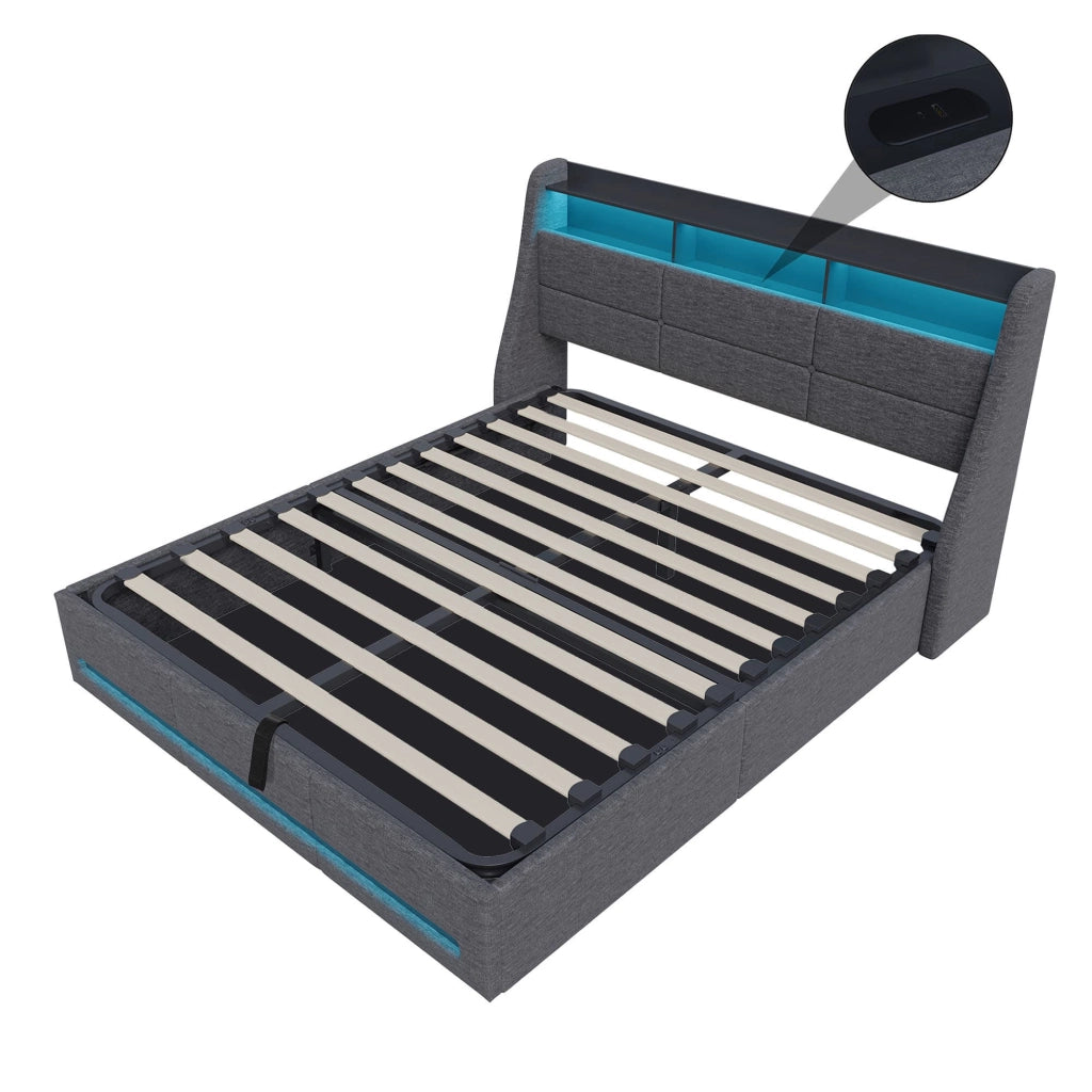 Letto contenitore 140x200 cm in lino grigio;con vano portaoggetti;luci LED/USB;rete a doghe e testiera;per ragazzi e adulti