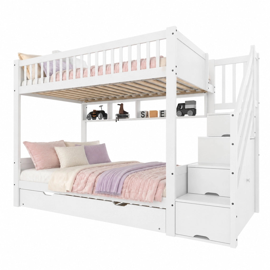 Letto a castello per bambini con letto estraibile, armadio, ripiani e scaletta contenitore, 90x200 cm, bianco