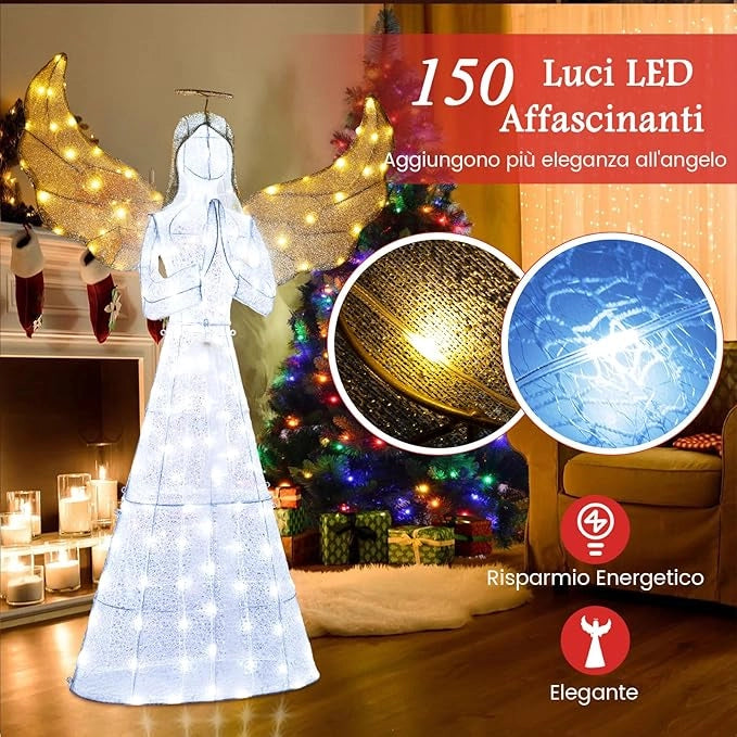 Angelo Natalizio Illuminato da Esterno 155 cm, 3D Angelo Luminoso con Aura, Ali e 150 Luci LED, Decorazione Natalizia per Giardino, Cortile e Prato