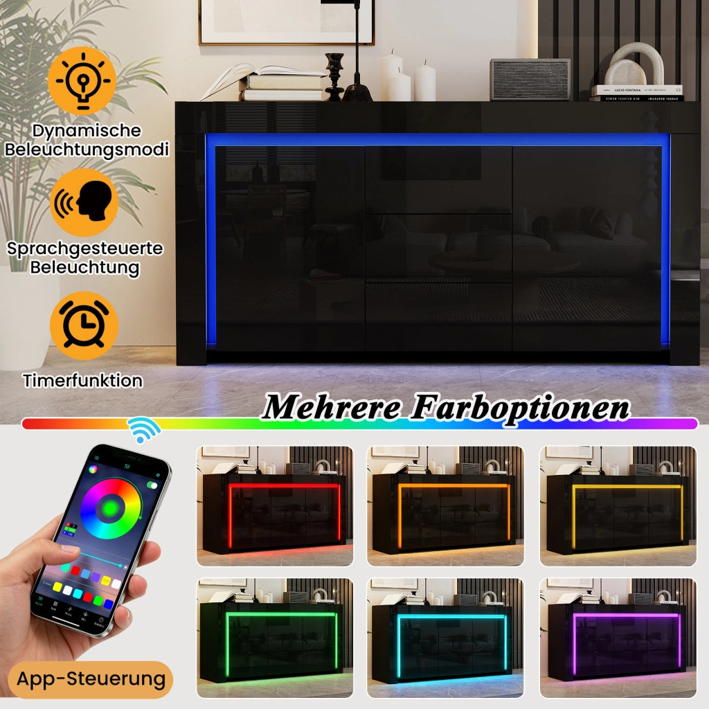 Sideboard nero lucido con LED, 2 ante e 3 cassetti 140 cm