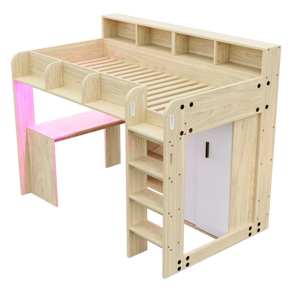 Letto a soppalco 90x200 cm con scrivania, armadio, LED e presa in MDF