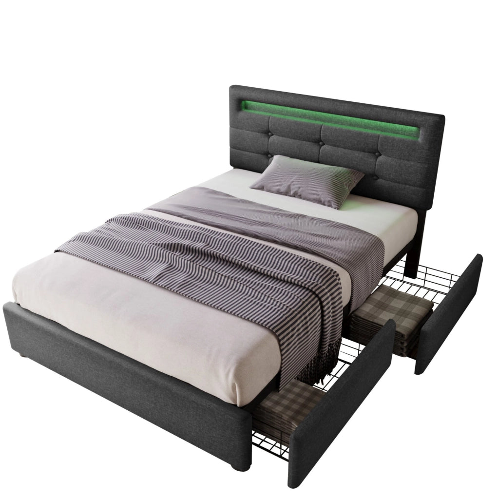 Letto singolo imbottito 90x200 cm con LED e 2 cassetti