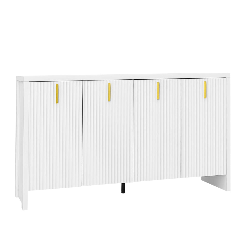 Sideboard bianco moderno con maniglie dorate e ripiani regolabili, 140x38x80 cm