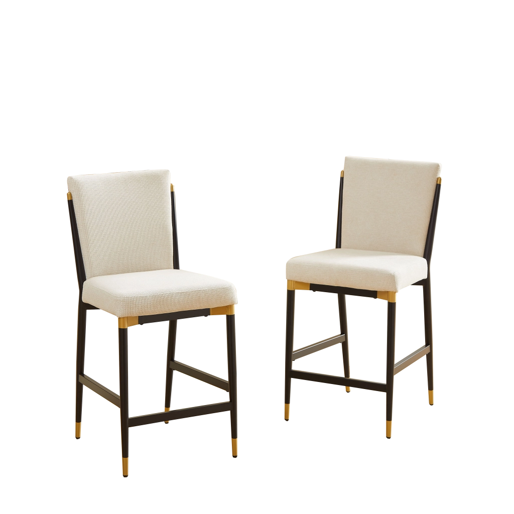 Set di 2 sgabelli da bar in stile scandinavo con poggiapiedi rettangolare, seduta in tessuto beige e struttura metallica