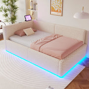 Letto imbottito singolo ULEVR 90x200 cm con contenitore idraulico, LED, 2 USB e Type-C, velluto beige