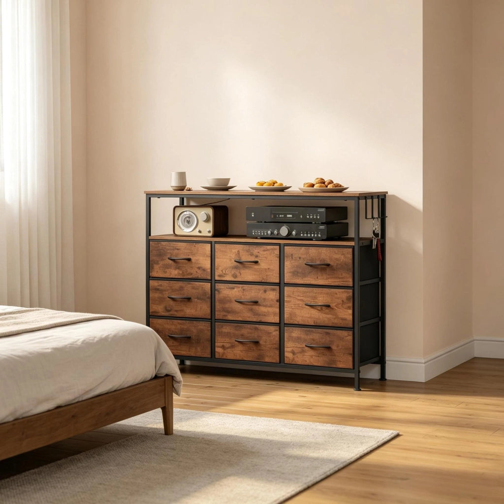 Comò con 9 cassetti e 2 ripiani in legno E1 e metallo 110x85x30 cm, colore marrone rustico e nero