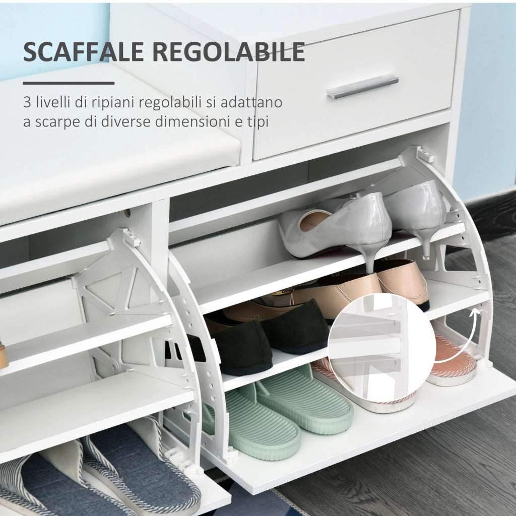 EasyComfort Scarpiera Moderna con Panca Imbottita per 12 Paia di Scarpe, Mobile da Ingresso con Scarpiera, Legno, Elegante, Capiente, 94,5x57x30 cm, Bianco