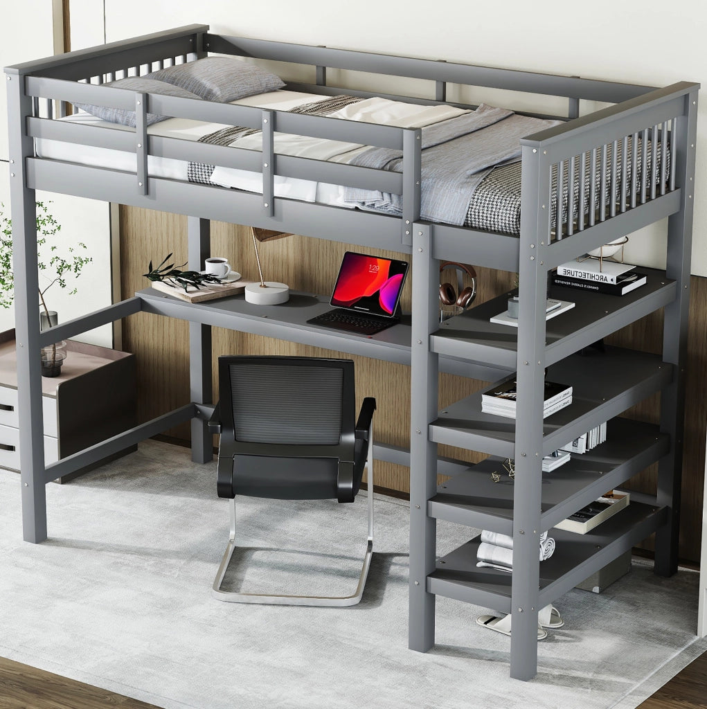 Letto a soppalco per bambini 90x200 cm con scrivania e ripiani, grigio, senza materasso