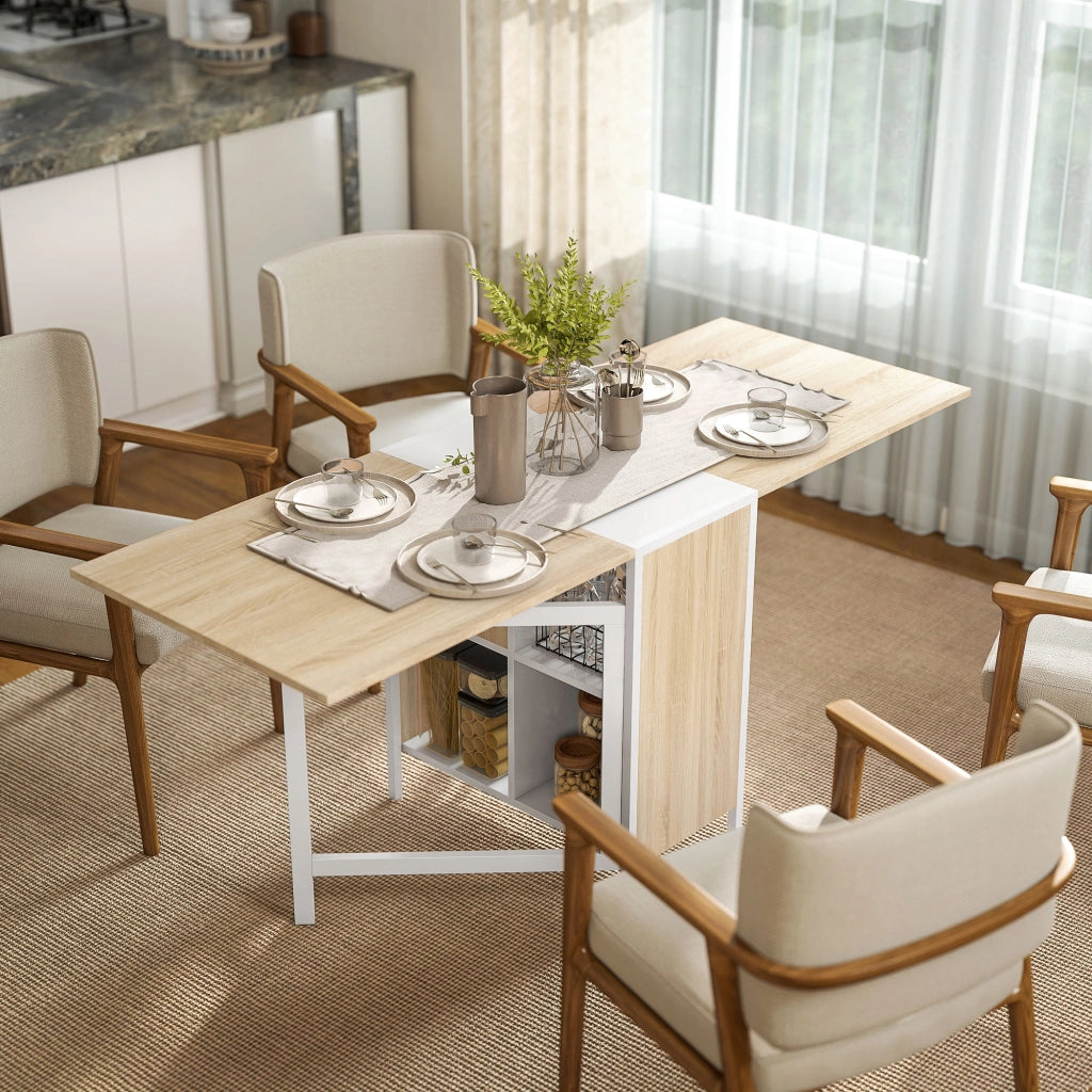 Tavolo da Pranzo Pieghevole per 4 Persone con Pannelli a Ribalta, Scrivania Richiudibile Salvaspazio con 4 Scompartimenti in MDF, per Sala da Pranzo, Soggiorno, 169x60x75 cm, Rovere e Bianco