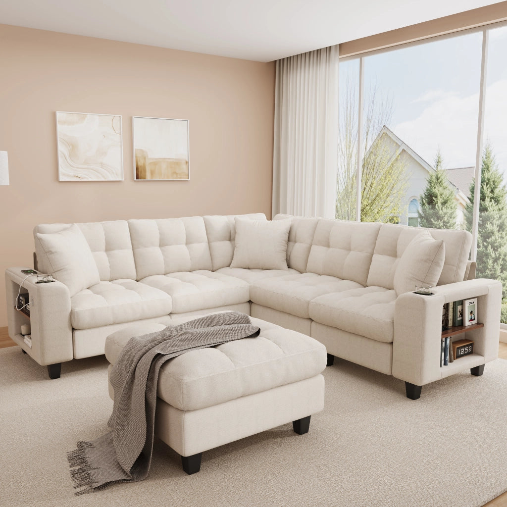 Divano panoramico modulare 6 sedili 216;5x216;5x83 cm; forma a U/L; pouf rimovibile; libreria braccioli; USB-C; ciniglia; beige
