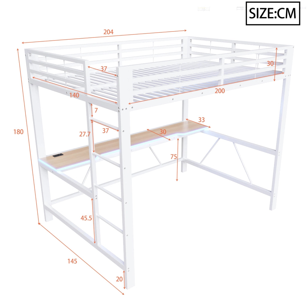 Letto a soppalco 140 × 200 cm con scrivania LED e ricarica USB in metallo e MDF bianco