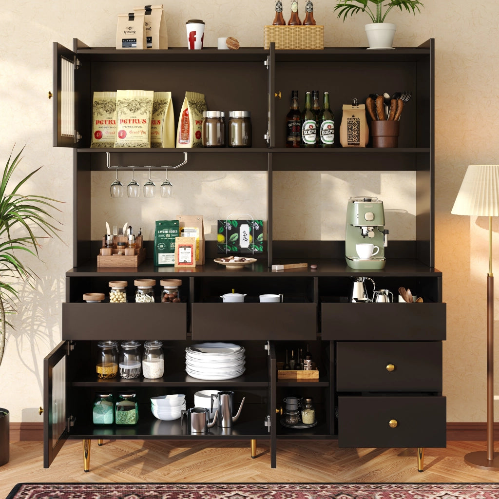 Credenza con ante in vetro Changhong portabottiglie vani aperti e maniglie in metallo MDF nero 145 × 39 × 171 cm