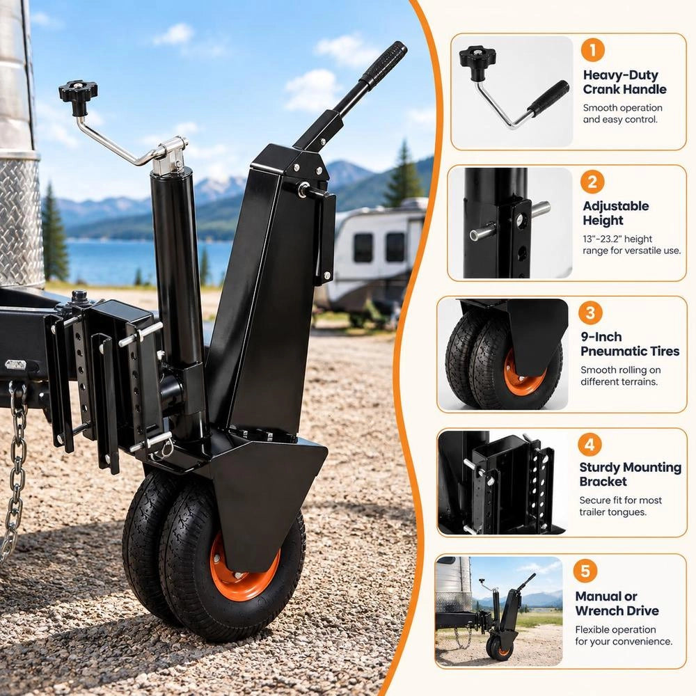 Trailer Maneuvering Aid, 227 Kg Vertical Load, 330–590 Mm Height, 22.8 Cm Pneumatic Rubber Tire, Manual Or Electric Key Drive, For Moving Motorhome Trailers