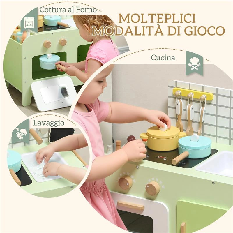 SET CUCINA GIOCATTOLO IN LEGNO PER BAMBINI DA 3+ ANNI CON 15 ACCESSORI, VERDE