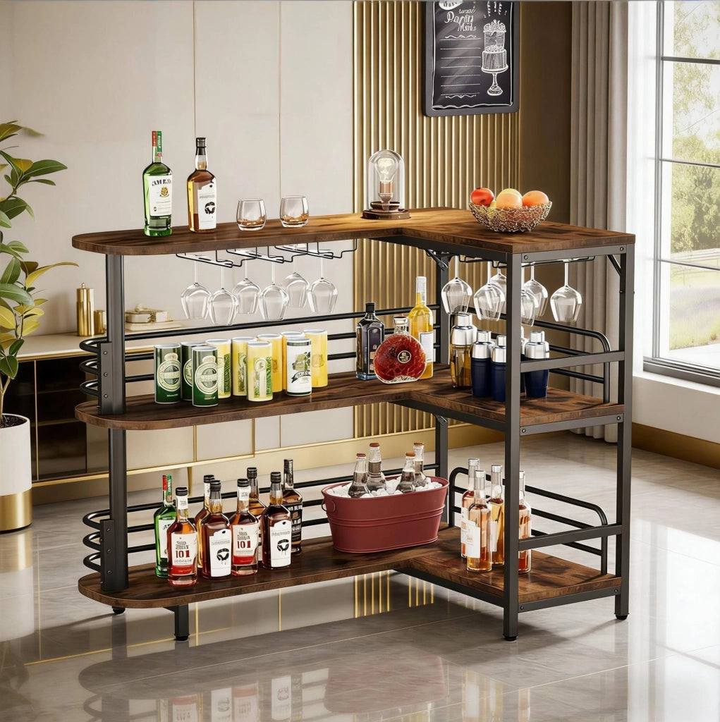 Banco bar angolare ULEVR 120x90x110 cm con 2 ripiani aperti e 6 portabicchieri, nero e marrone rustico