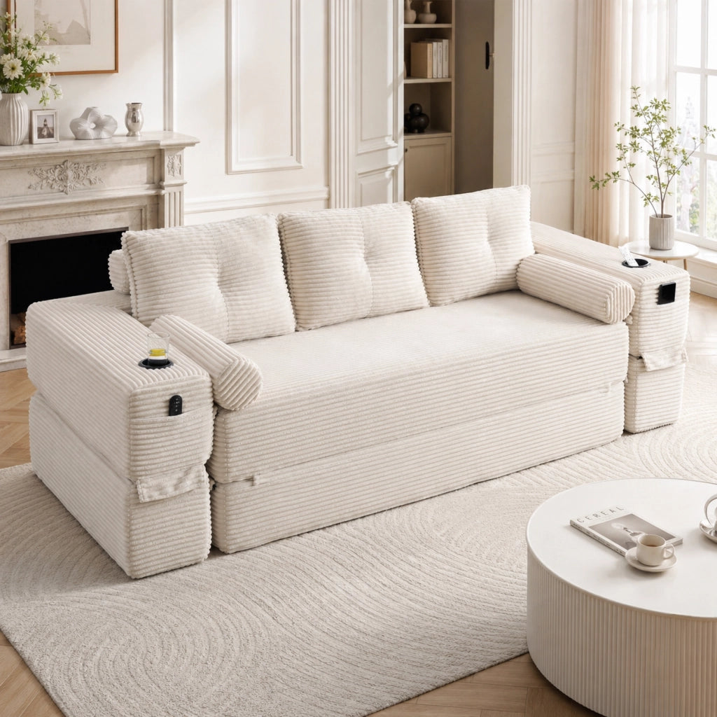Divano letto 232x98x80 cm convertibile in velluto a coste beige