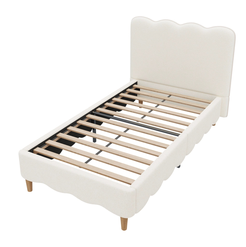Letto imbottito 90x200 cm con rete a doghe; testiera in bouclé bianco
