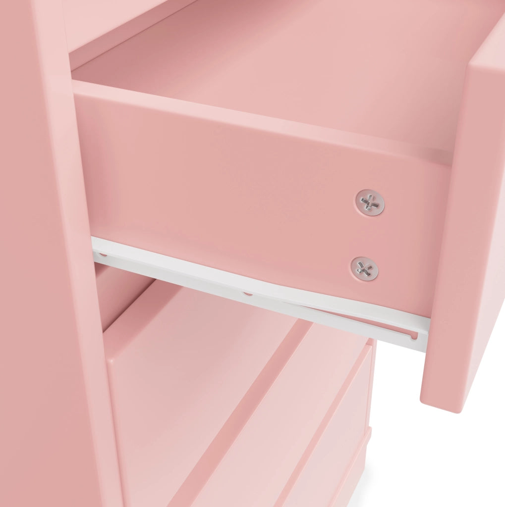 Mobile contenitore rosa con 4 cassetti; 3 ripiani aperti e barra appendiabiti