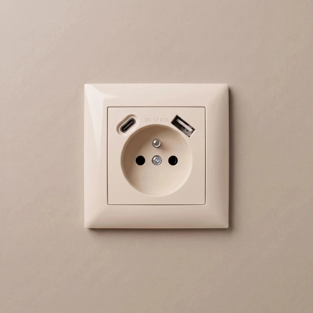 Presa Singola Con Messa A Terra + Usb-a Usb-c Oste Jnh004-g Beige
