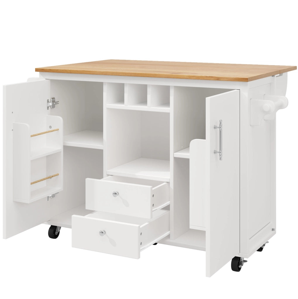 Isola cucina con piano ribaltabile 137,9 x 73 x 92,2 cm, 2 cassetti, ruote girevoli e vano portabottiglie, bianco