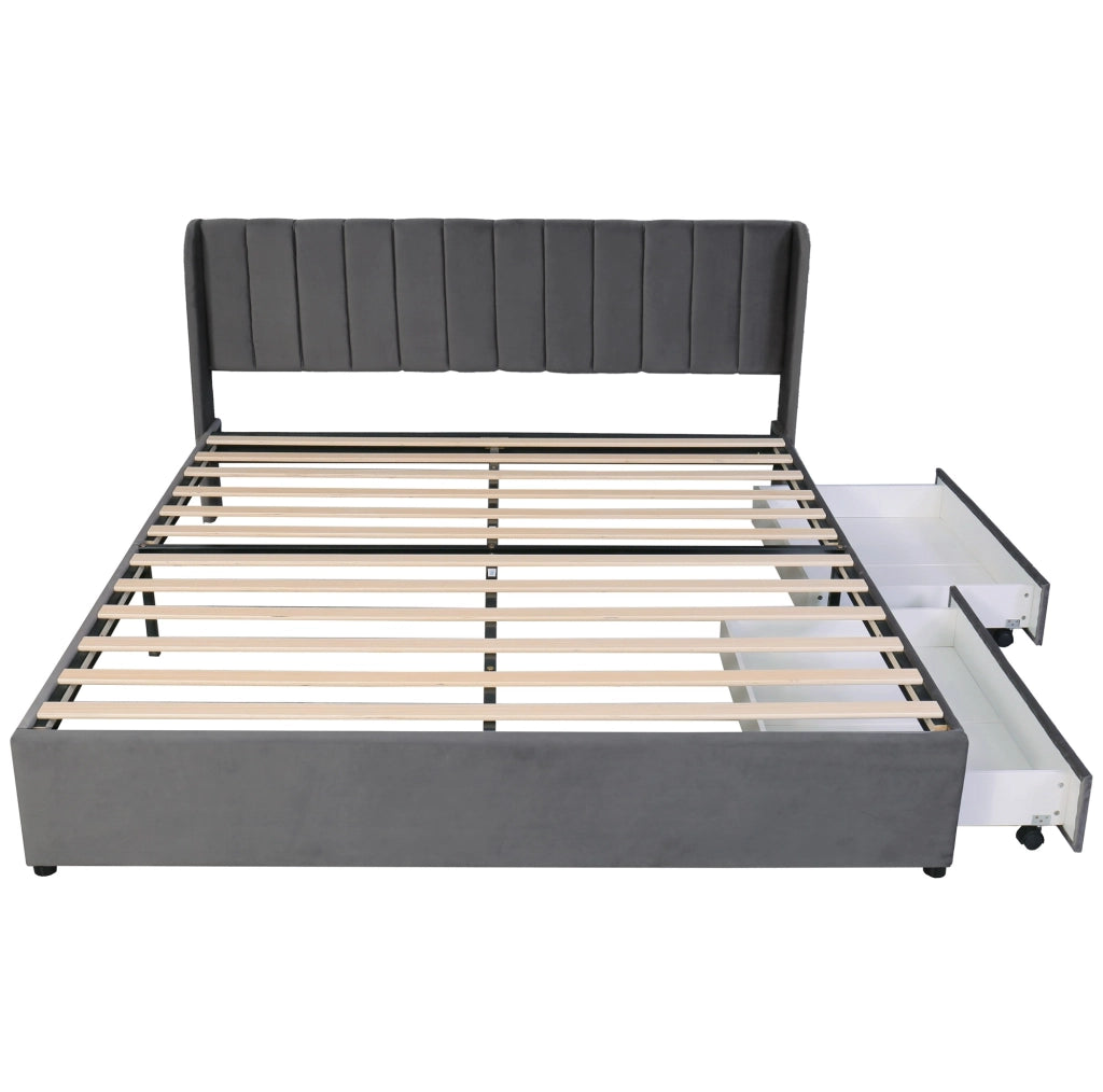Letto imbottito 180 x 200 cm in velluto grigio con rete a doghe e 2 cassetti